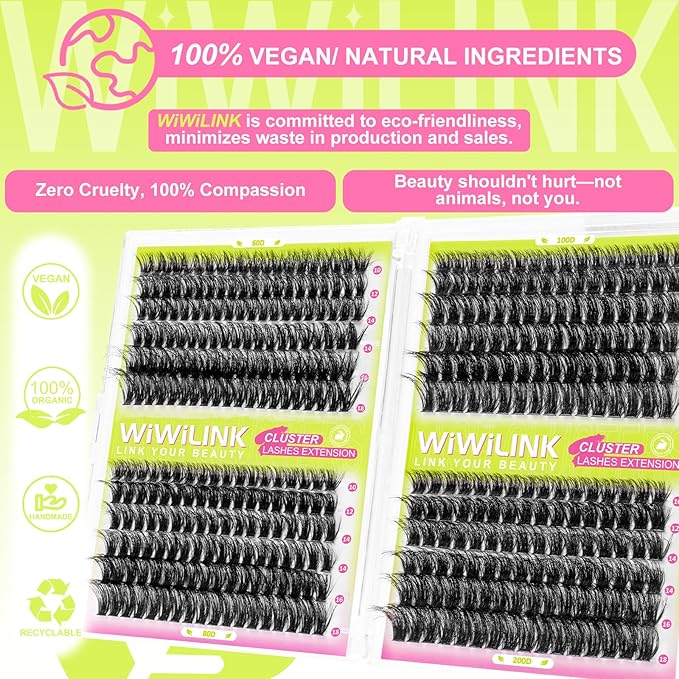Lash Extension Kit 60D+80D+100D+200D Individual Lash Clusters 424PCS D Curl 10-18mm Volume Cluster Eyelash Extensions Kit with Lash Bond & Seal and Applicator for DIY Eyelashes Beginners
