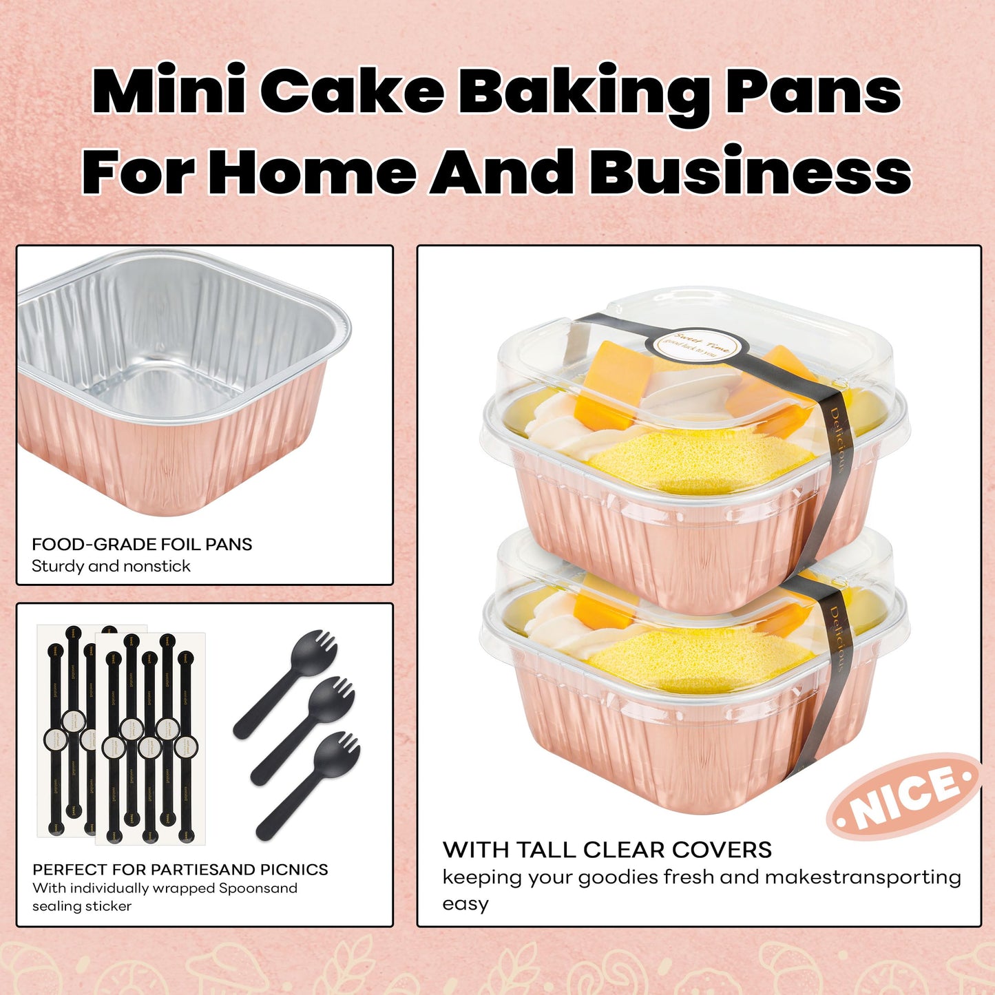 NPLUX 50 Pack Mini Cake Pans with Lids and Spoons Aluminum Foil Pans Square Cake Tins for Bakery Party Wedding (Champagne Color,5 oz)