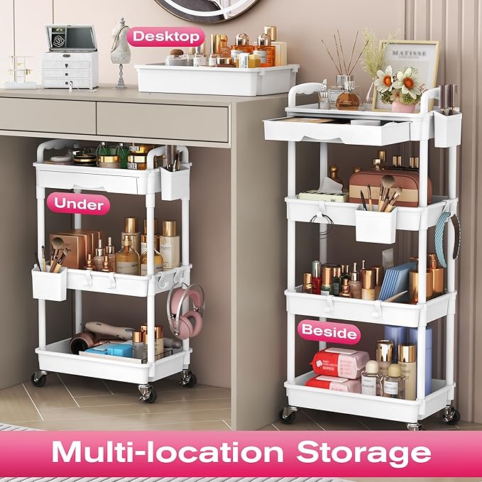Goovilla Rolling Makeup Organizer Cart with Removable Drawer, 4 Tier Stable White Floor Skincare Storage Cart for Vanity, Cosmetic Display, Nail Polish, Perfume, Hair Stuff, Beauty, Bathroom(Plastic)