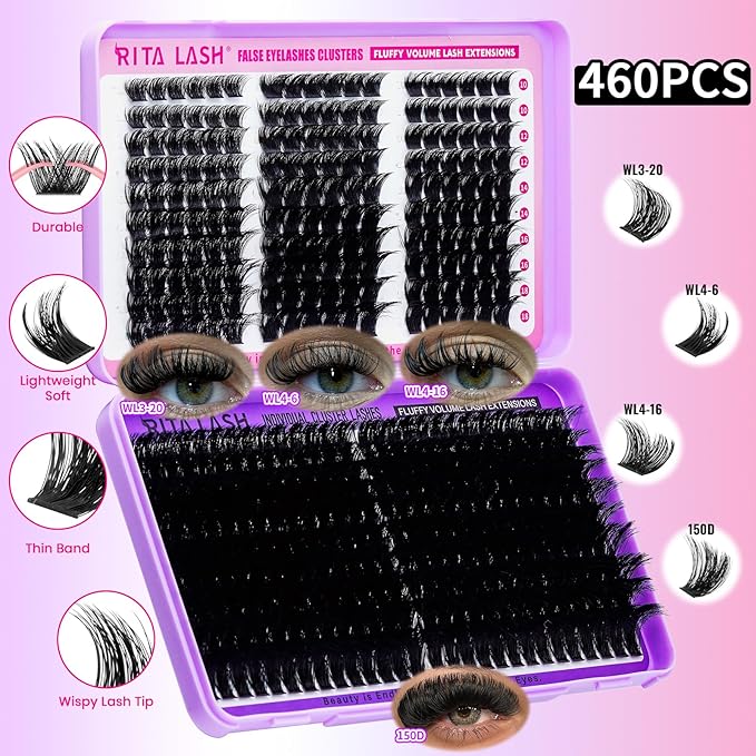 Lash Clusters Kit Eyelash Clusters Kit 3D Effect Cluster Eyelash Extensions Large Pack Spike Lash Extension PestaÃÂ±as Postizas Naturales+Lash Bond&Seal,Remover,Tweezers,headband,wristband(Lash Kit-6)