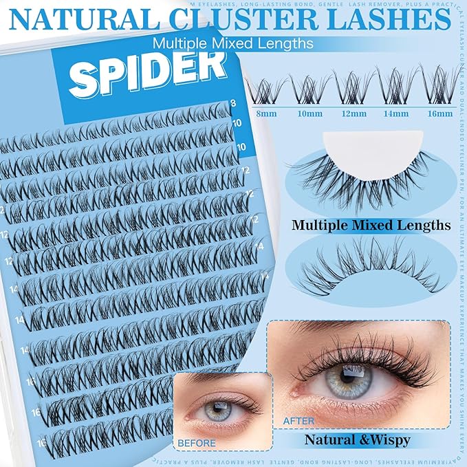 KevKev Spider Lash Clusters Breeze Wispy Eyelash Clusters 8-16MM Clear Thin Band Cluster Eyelash Extensions Mix Length Ultra-Light Natural Look Spider Lash Clusters DIY Lash at Home