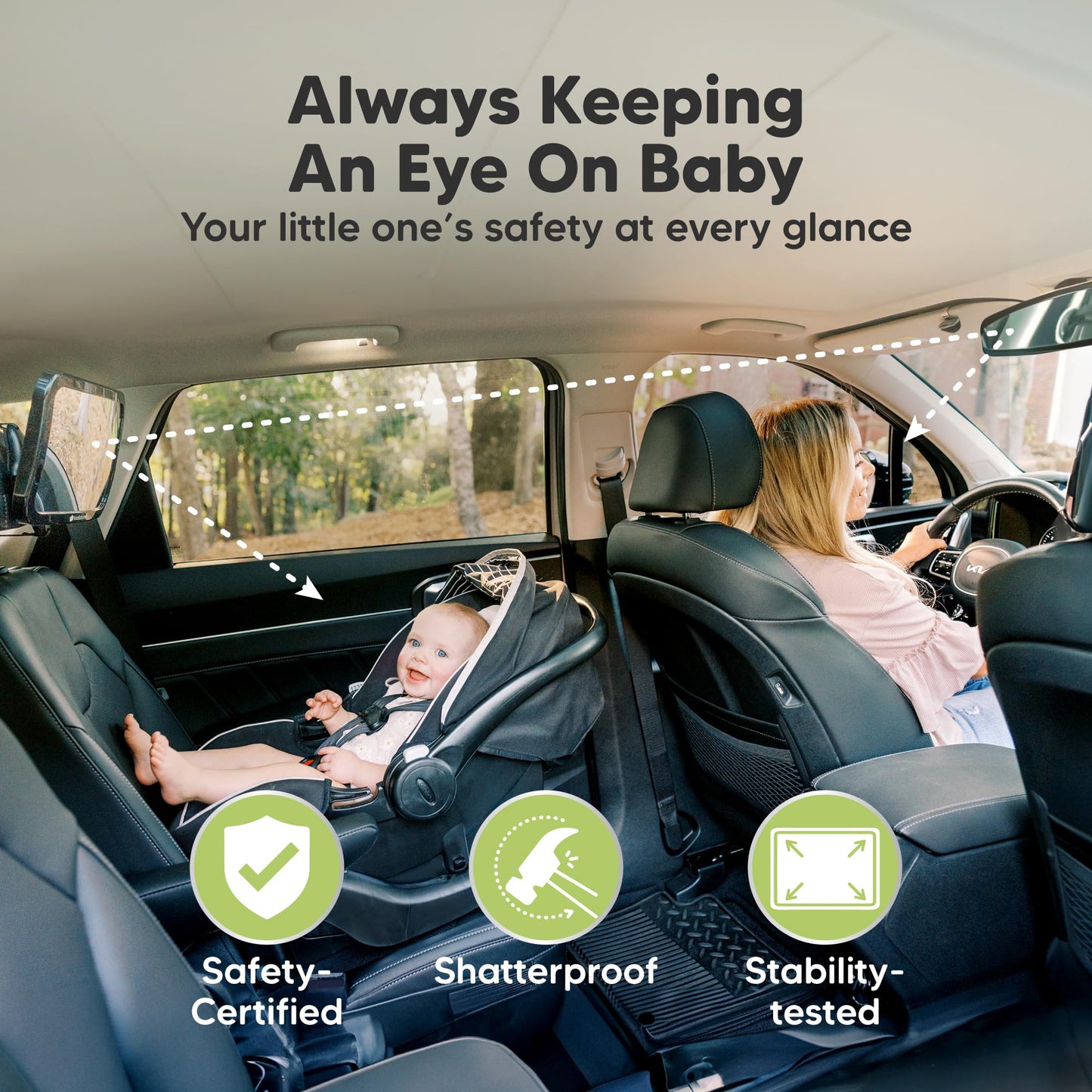 KeaBabies Baby Car Seat Mirror - Wide Shatterproof Backseat Infant Car Mirror for Baby Rear Facing, Crystal Clear View, Travel Accessories, Easy Install & Adjust for Removable Headrest (Matte Black)