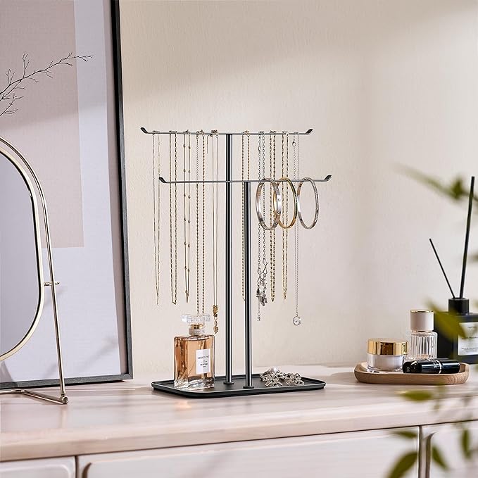 pickpiff Necklace Holder Jewelry Organizer Stand Ã¢ÂÂ 2Ã¢ÂÂTier TÃ¢ÂÂBar Jewelry Display Tree with Tray for Countertop Necklace Bracelet Earring Storage, Vanity Dresser Bathroom Sink, Black