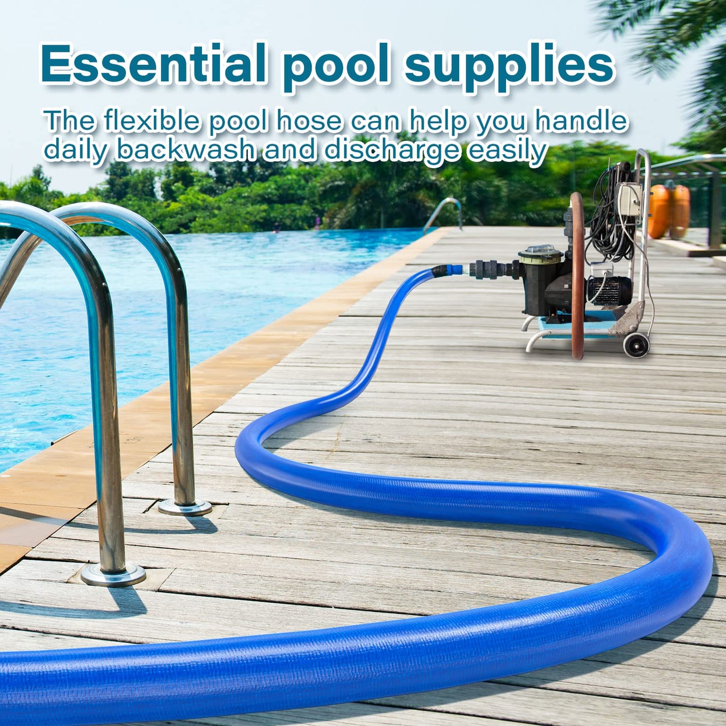 Jin&Bao 2" x 25 FT Pool Backwash Hose, Heavy Duty Reinforced Lay-Flat Discharge Hose, Burst Resistant Drain Hose with 2 Clamps, for Pool Filter & Sump Pump-Blue
