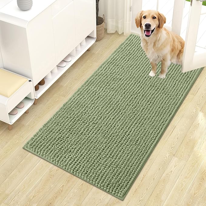 OLANLY Dog Door Mat for Muddy Paws 44x24, Ultra Absorbent Chenille Mud Doormat, Non-Slip Washable and Dirt Trapping Doormat for Indoor Entryway, Quick-Dry Indoor Pet Bed Mats for Dogs, Sage Green