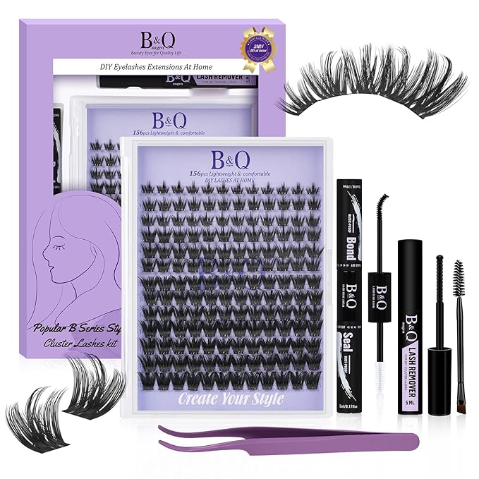 B&Q Wispy Lash Clusters Kit B04, DIY Lash Extension Kit 156PCS Eyelash Extension Kit, Soft Natural Lash Clusters 8-18MIX D Curl Lash cluster, Thin Black Band Cluster Eyelash Extensions (B04 Set)