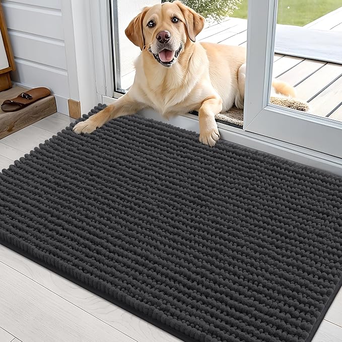 OLANLY Dog Door Mat for Muddy Paws 36x24, Ultra Absorbent Chenille Mud Doormat, Non-Slip Washable and Dirt Trapping Doormat for Indoor Entryway, Quick-Dry Indoor Pet Bed Mats for Dogs, Dark Grey