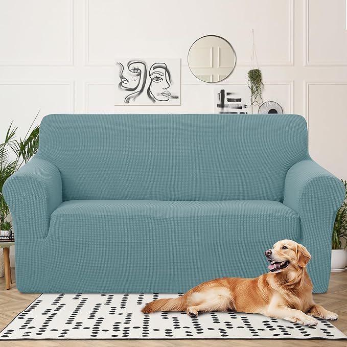 U-NICE HOME Oversized Stretch Loveseat Couch Cover Sofa Covers Washable Sofa Slipcover Furniture Protector for 2 Cushion Couch Sofa Pet Friendly, Light Blue