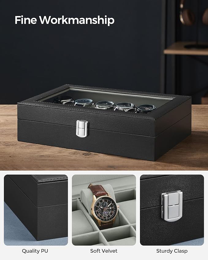SONGMICS Watch Box, 12-Slot Watch Case Organizer with Large Glass Lid, Removable Pillows, Gift for Loved Ones, Black Synthetic Leather, Gray Lining UJWB12BK