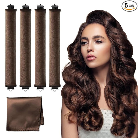 HAIOLORPRO Heatless Hair Curler Velvet, Heatless Curls Overnight Hair Curlers to Sleep in, Overnight Rods Heatless Curls for Short Long Hair All Hair Types Styling Tools-4PCS Brown
