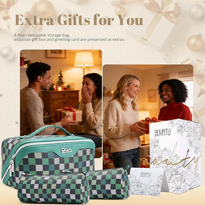 BOYATU Travel Makeup Bag Organizer Cosmetic Bag: 3 Pcs Set Make up Bags for Women with Handle - Waterproof Vegan Leather Toiletry Bag (01-H-Green)