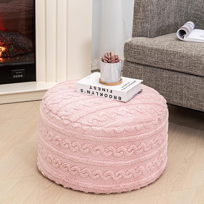 Pouf Ottoman Stuffed 20x20x12 Inches Floor Pouf Plush Fiber Ottoman Foot Rest Under Desk Foot Stool for Living Room Bedroom (Pink)