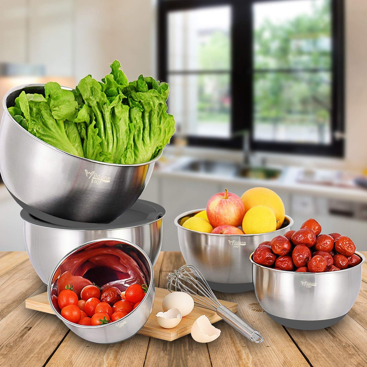 Wildone Mixing Bowls with Airtight Lids Set, 5PCS Stainless Steel Nesting Bowls Set for Kitchen, with Grater Attachments & Non-Slip Bottoms, Size 5, 3, 2, 1.5, 0.63 QT, Great for Baking & Serving