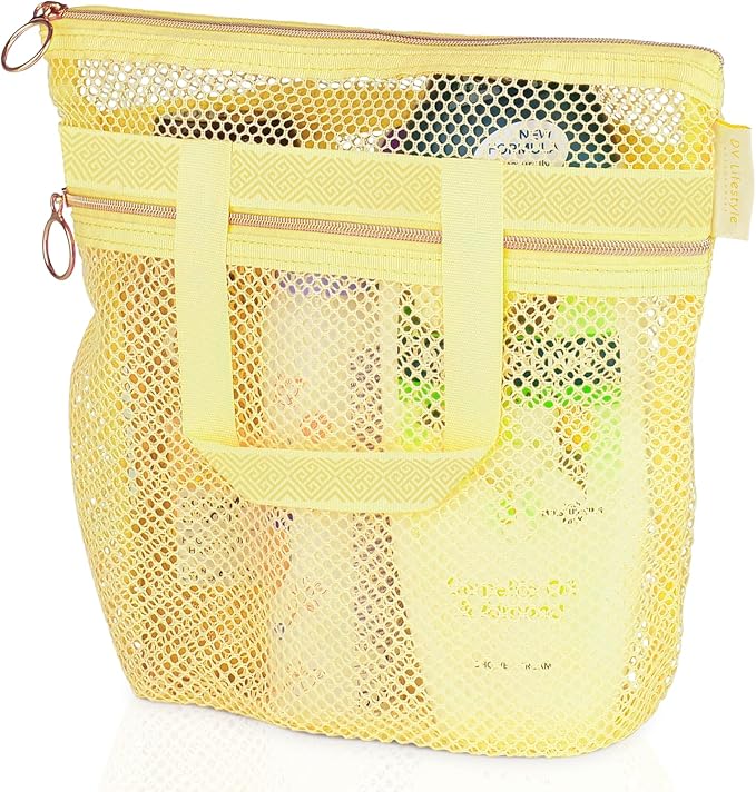 DV Lifestyle Mesh Shower Bag 10.2x9.9'' Quick-Dry Caddy with Zipper & 2 Pockets. Portable Toiletry Tote for Bathroom, Gym, Travel, Camp, Beach, for Sunscreen, Dorm & College Essentials (Yellow)