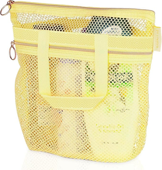 DV Lifestyle Mesh Shower Bag 10.2x9.9'' Quick-Dry Caddy with Zipper & 2 Pockets. Portable Toiletry Tote for Bathroom, Gym, Travel, Camp, Beach, for Sunscreen, Dorm & College Essentials (Yellow)