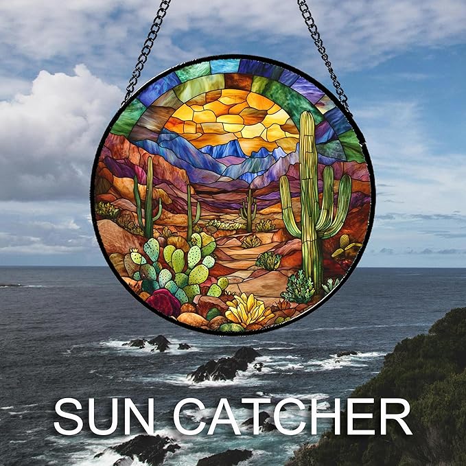 CRISGIF Stained Glass Window Hanging Cactus Mountains Landscape Large 11.8" - Suncatcher Door Garden Sunroom Sun Catcher Home Decor Birthday Christmas for Mom Men Woman Nana