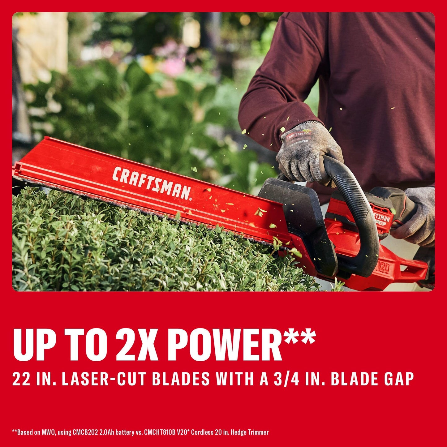 CRAFTSMAN V20 22 in. Hedge Trimmer Cordless with 2Ah Battery and Charger, Lightweight Brushless RP Bush Trimmer with Hedge Sweep Attachment, Longer Runtime, Up to 2X More Power (CMCHT830D1)
