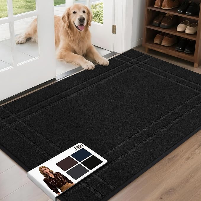 JSEI Entryway Rugs Doormat 32"x48", Non-Slip Dirt Trapper Door Mats Indoor, Washable Absorbent and Stain Resist Welcome Floor Mat for Front Door, Dog Door Mat, Dirty Wet Shoes & Paws, Black