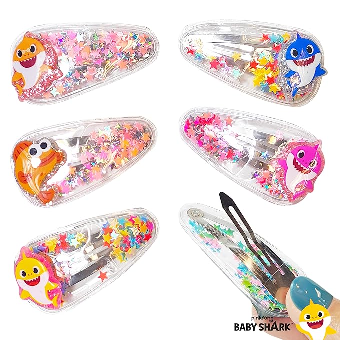 Baby Shark Hair Accessories For Girls, 6pc Cute Hair Clips with Favorite Babyshark Character Charms, Magical Confetti Slaps for Kids, Toddler, Ages 3+