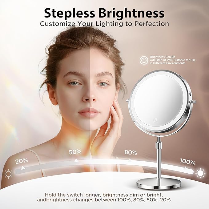 Makeup Mirror, 1X/30X Magnification with 3 Level LED Lights, 5000 mAh Rechargeable Double Sided 9” Magnifying Mirror with 360° Rotation, Perfect for Precision Grooming and Makeup, Women Gift