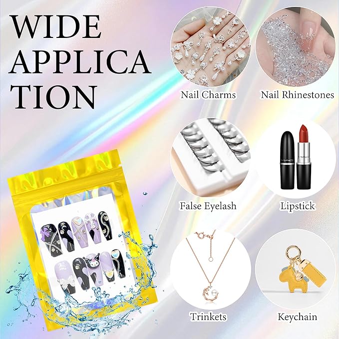Qenk 100PCS Empty Holographic Nail Storage Bag Press on Nail Packaging Bag and 100PCS Shiny white cardboard Nail Tips Packaging Bags with 1 Roll Transparent Tape (Gold)
