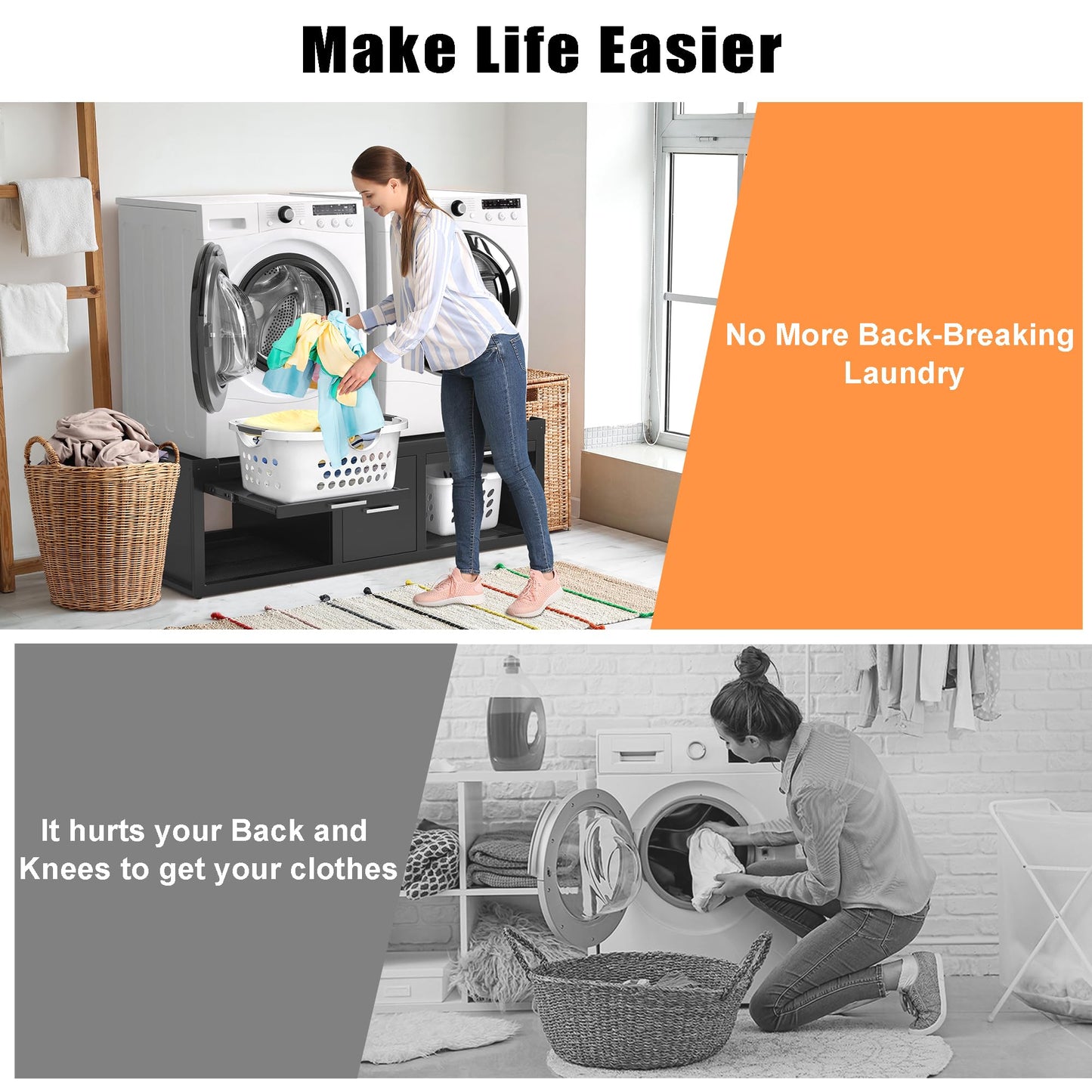 GDLF Washer and Dryer Pedestals, Universal Fit Washer and Dryer Stand with Pull-Out Shelf, 58.1"x29.1"Laundry Pedestal with Storage, 800LBS Capacity，Black