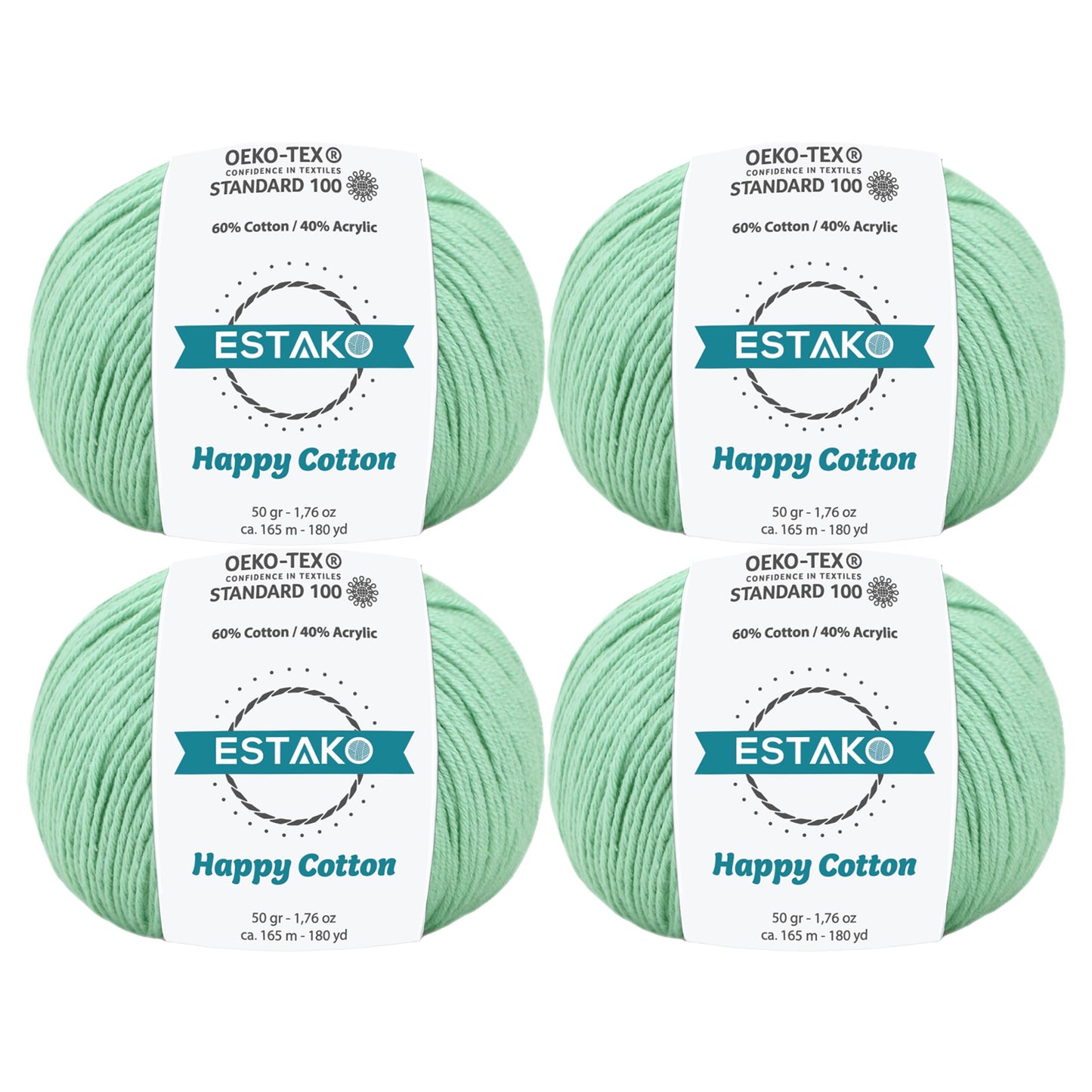 Estako Happy Cotton, (4 Skeins Pack) 60% Cotton 40% Acrylic Yarn, Soft, Fine/Sport (2) for Crochet and Knitting (4 x 1.76 Oz) / (4 x 180 Yrds) (4920 - Mint)