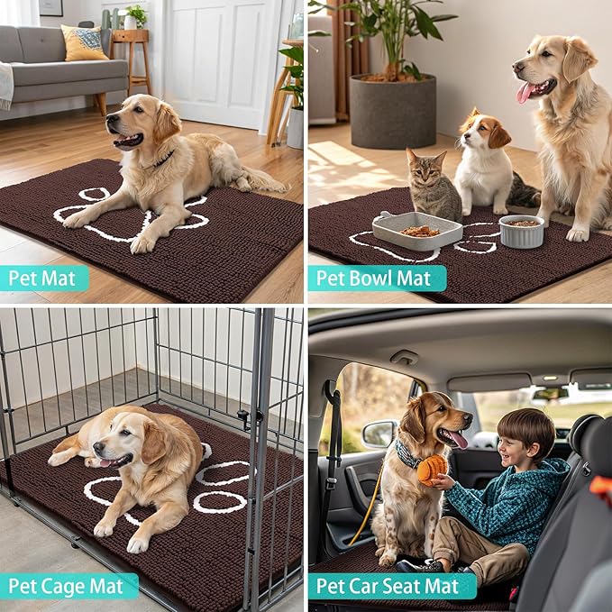 Smiry Dog Door Mat for Muddy Paws, Absorbent Dirt Trapper Non Slip Quick Dry Washable Chenille Mat for Mud Dogs, Entry Rug for Indoor and Outdoor (54x32 Inches, Brown and White)