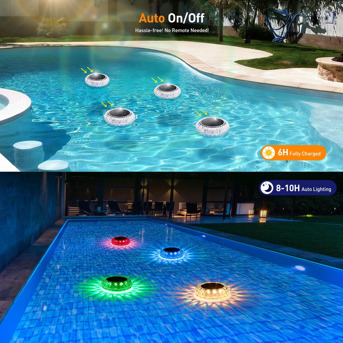 Floating Pool Lights for Party , Solar Powered Color Changing Lights with 2 Modes (Transition & Constant) , IP67 Waterproof Pool Accessories for Inground, Above Ground Pool, Pond, Bathtub (2 Pack)