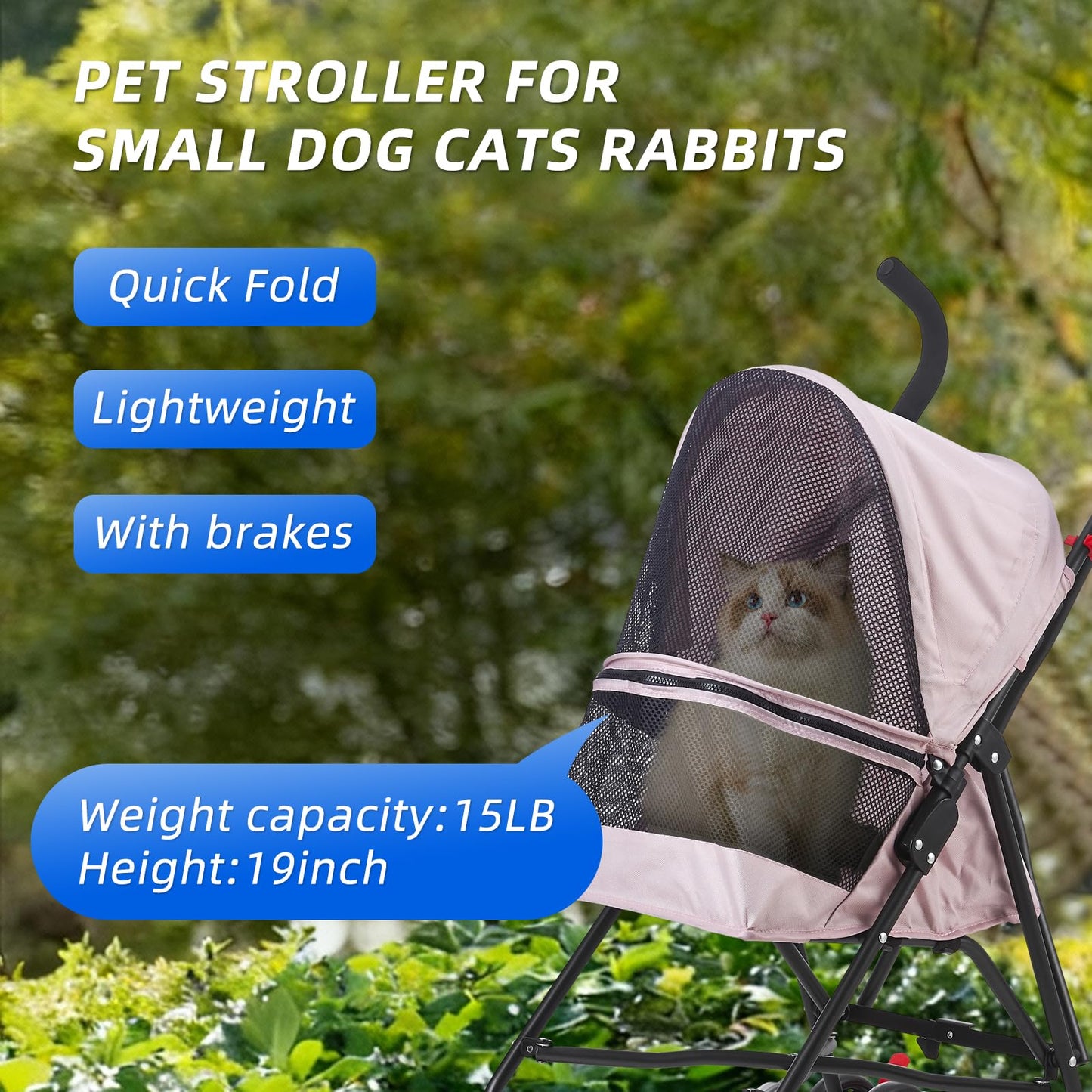 COOLCRAB Pet Stroller Oxford Cloth Foldable Dog Strollers for Small Dogs and Cats Suitable for All Road Surfaces Wide-View Panoramic Window 4 Wheels with Brakes Portable Design, Easy to Store (Pink)