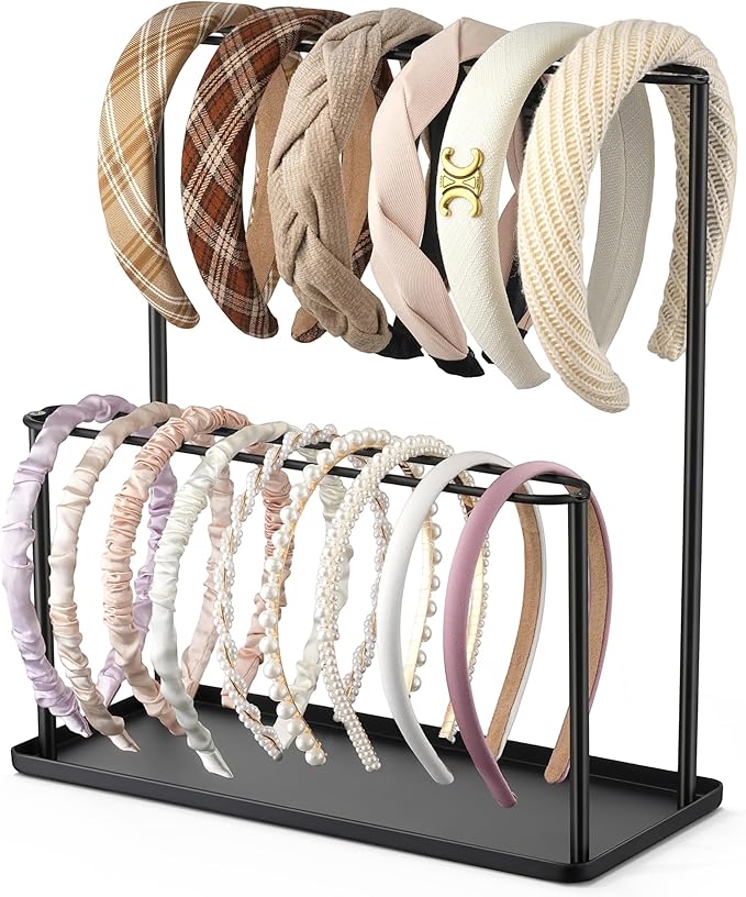 Headband Holder Organizer Metal 2-Tier with Tray: Hair Accessories Display Stand Storage Hairband Rack Necklace Stand Home Bedroom for Girls Women, Black