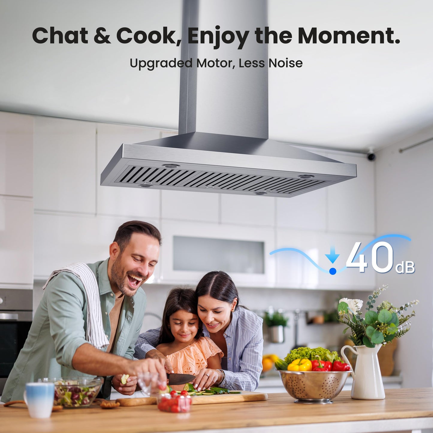 VIKIO HOME 30 Inch Island Range Hood, 390 CFM kitchen Hood with Dual-Sided Touch/Gesture Control, Convertible Ducted/Ductless, Ceiling Mount, 3 Stainless Steel Baffle Filters, 3-Speed Fan