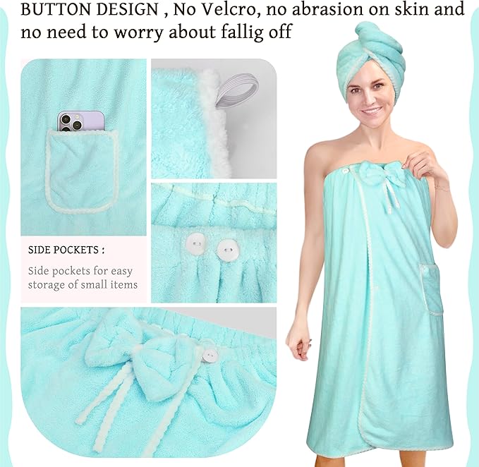 Towel Wrap Women Shower Robe Adjustable Closure Bathrobe with Hair Drying Towel & Spa Wraps