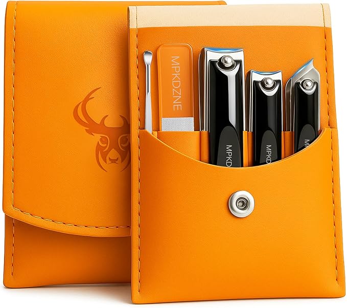 Pro 5-in-1 Nail Clippers Set for Men & Women. Ultra Sharp Stainless Steel Manicure Kit w/Angled Trimmer in Luxury Leather Case. Travel & Home Use
