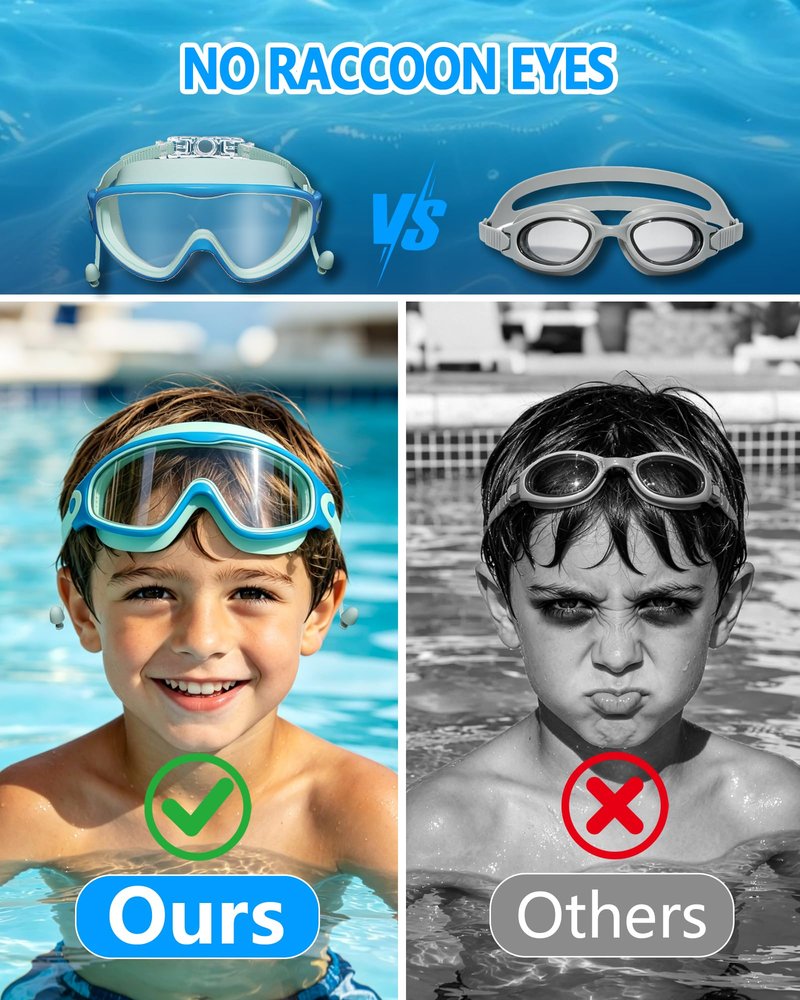 YLKJSWIM Swim Goggles for Kids 3-15 with Earplugs Large Frame Anti-Fog/UV Swimming Goggles for Boys Girls Toddler 2PCS (Green Black+Blue New)