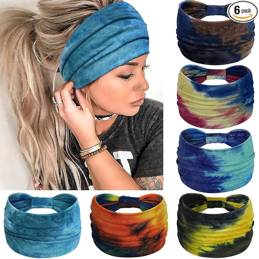 Awumbuk Wide Headbands for Women Knotted No Slip Head Bands Soft Turban Headband Hair Accessories Boho African Solid Color Head Wraps for Women Yoga Workout Pack of 6