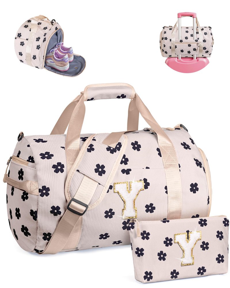 Vogewood Trip Essentials for Teenager, Girls Gym Bag, Kids Personalized Overnight Duffel Bags with Shoe Compartment, Customized Travel Duffle with Toiletry Bag, Sister Birthday Gifts (Letter Y)