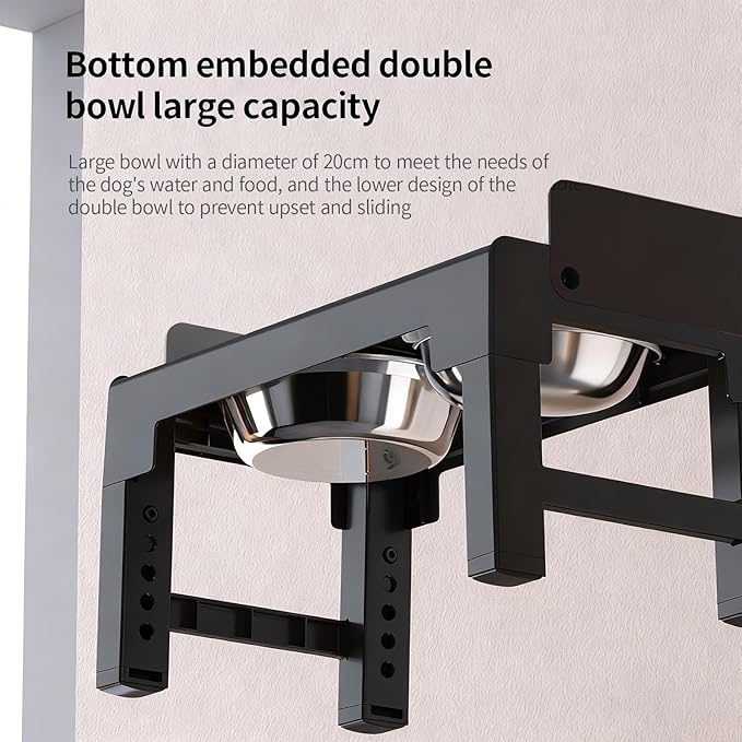 PAKEWAY Elevated Dog Bowls, Spill Proof, Tiltable Pet Feeder with 1 Stainless Steel Bowl &1 Stainless Steel Slow Feeder Bowl, 6 Height Adjustable Raised Bowls Stand for Medium Large Dogs