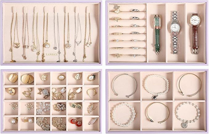 LANDICI Stackable Jewelry Organizer Trays 4 Set,PU Leather Jewelry Organizer Drawer,Jewelry Storage Display Tray for Earring Necklace Rings Bracelet with Removable Dividers,Lavender