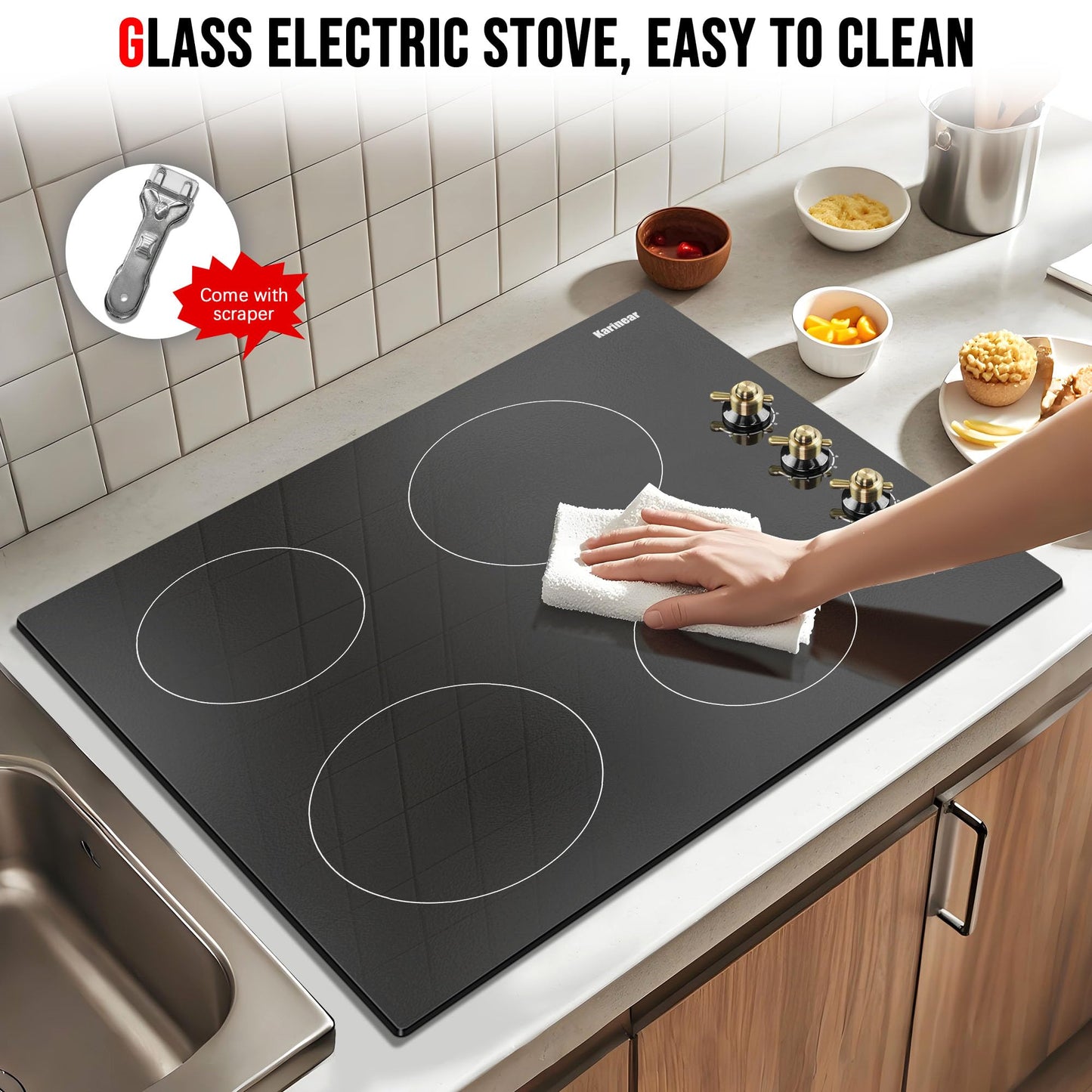 Karinear 24 Inch Electric Cooktop 4 Burners Electric Stove, Knob Control,6000W, Built-in Radiant Hob,Residual Heat Indicator, Overheat Protection,Hardwired 220V Radiant Ceramic Stove(Gold Knob)