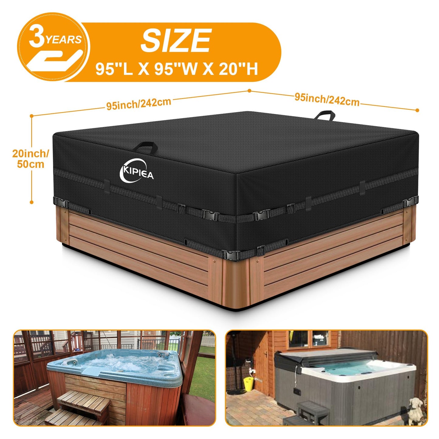 Kipiea 600D Outdoor Waterproof Square Hot Tub Cover Protector, Heavy Duty Polyester SPA Cover UV Protection Cover 95" L x 95" W x 20" H, Black