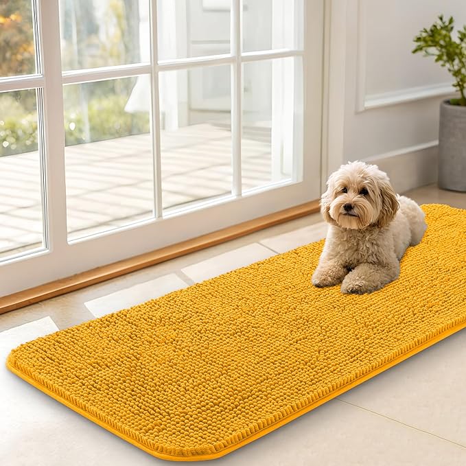 OLANLY Dog Door Mat for Muddy Paws 47x17, Absorbs Moisture and Dirt, Absorbent Non-Slip Washable Doormat, Quick Dry Chenille Mud Mat, Entry Indoor Entryway Carpet for Inside Floor, Golden Yellow
