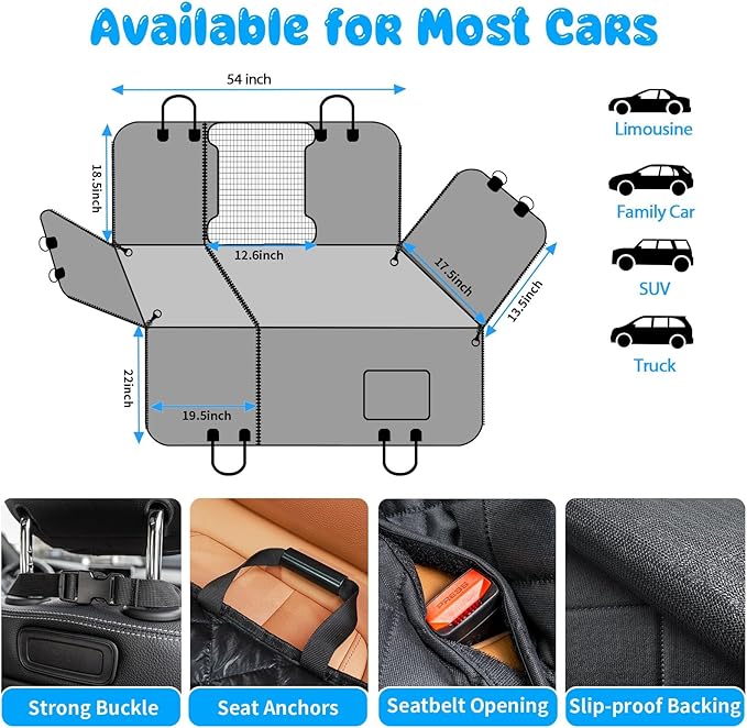 URPOWER 6-in-1 Dog Car Seat Cover for Back Seat, Waterproof Dog Car Hammock with Mesh Window & Side Flap, Pet Backseat Protector for Car, SUV, Truck