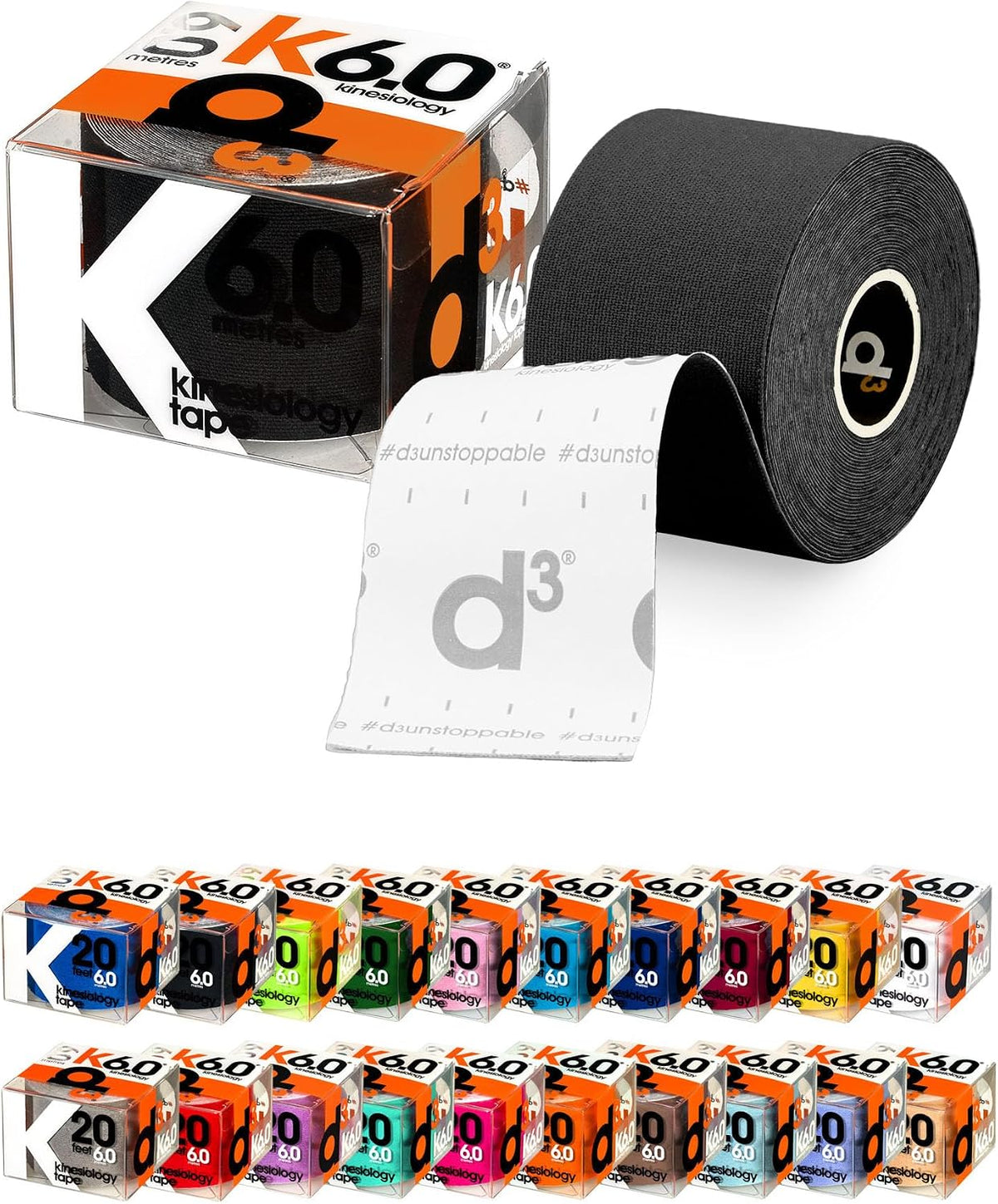 d3 K6.0 Kinesiology Tape 2in x 20Ft – Black Athletic Tape for Joint Support, Pain Relief & Muscle Recovery | Water Resistant & Hypoallergenic for Knee, Shoulder & Back – Uncut Roll