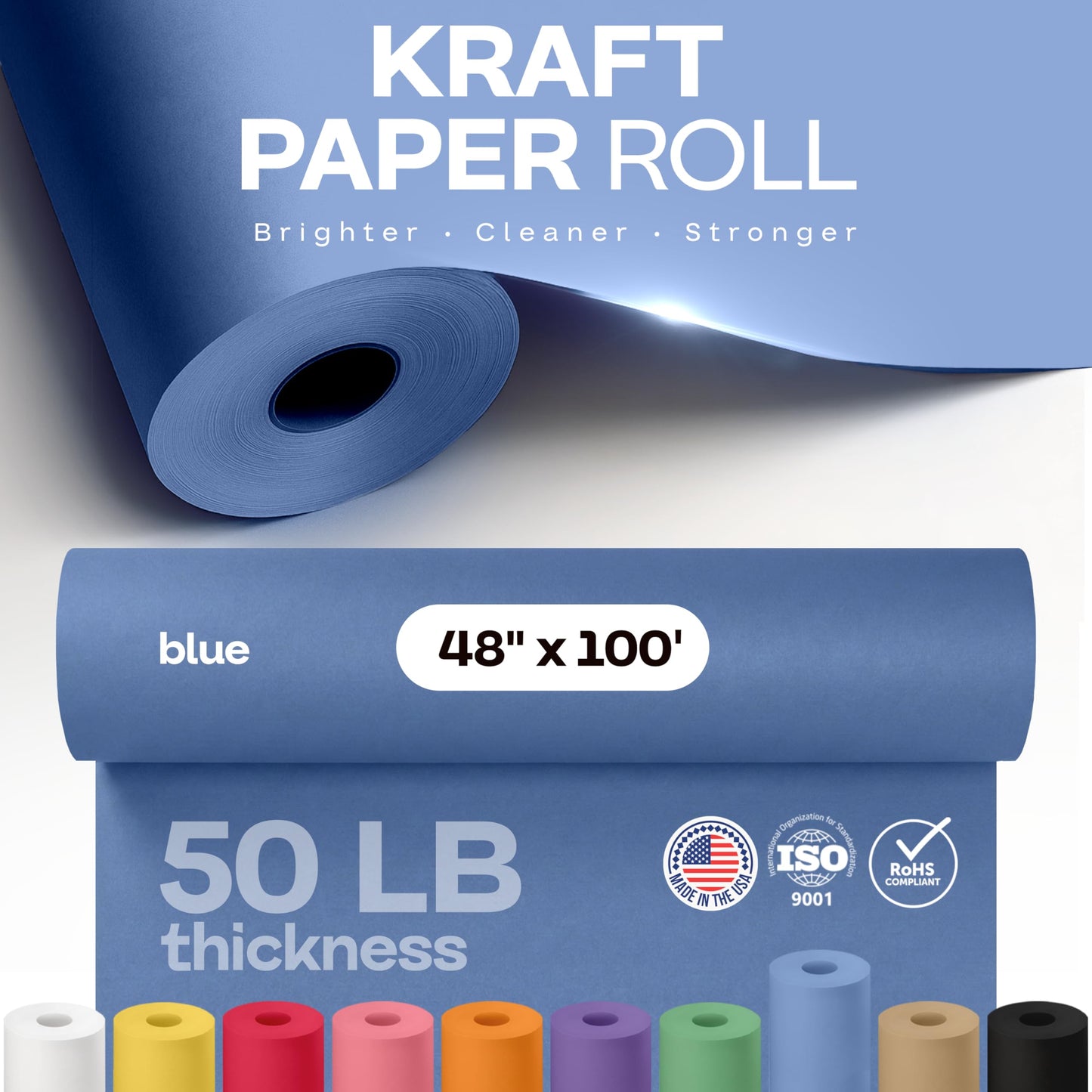48" x 1200" (100 feet) Blue Kraft Paper Roll - USA-Made Quality Craft Paper for Gift Wrapping, Kids' Arts & Crafts, School Projects - 100% Recycled Natural Material 50lb Thickness by IDL Packaging