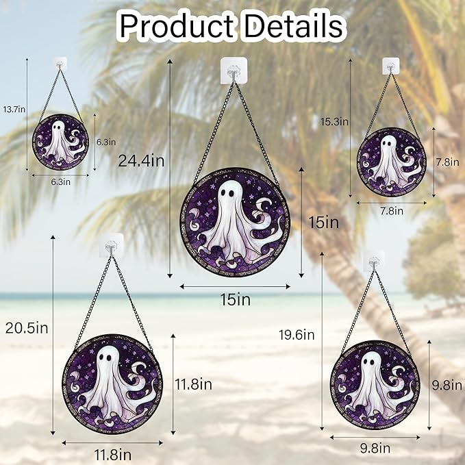 DASTOLL Stained Glass Window Hanging - Halloween Decorations White Ghost Purple Stars Suncatcher for Doors Garden Spooky Funny Sun Catchers Gothic Decor Horror Gifts for Women Men Friend 11.8 in