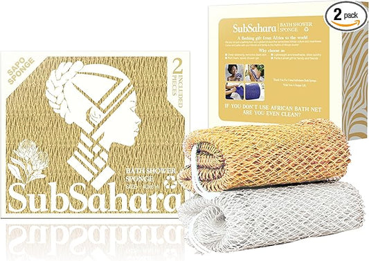 SubSahara Authentic African Net Sponge - 2 Pack Exfoliating Bath & Shower Loofah Sponge for Body & Face, Gentle Scrubber for All Skin Types, Travel, Durable