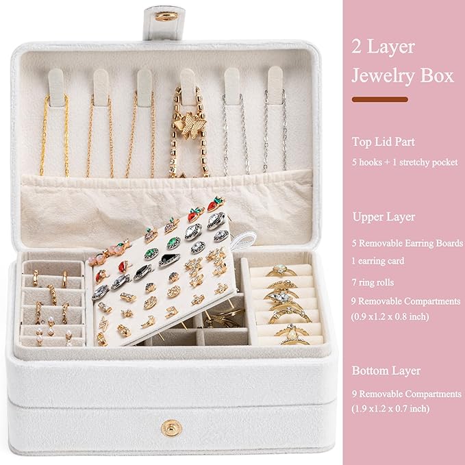 MODENGKONGJIAN Jewelry Organizer Box, 2-Layer Large Jewelry Storage Case, Portable Travel Jewelrys Display Holder for Earrings, Necklaces, Bracelets (White,Velvet)