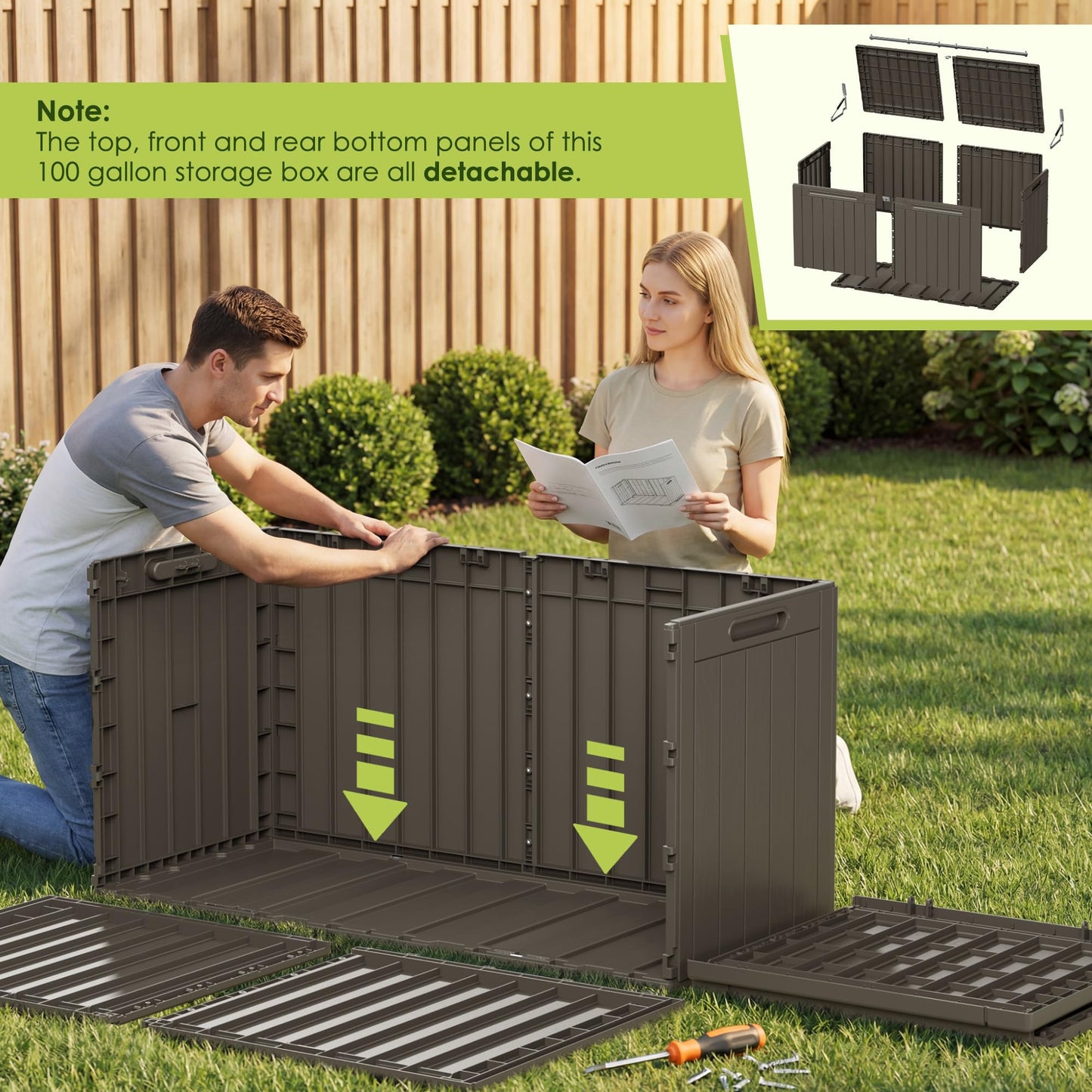 Devoko 100 Gallon Outdoor Storage Box, Waterproof Resin Deck Box for Patio Furniture, Lockable Container for Garden Cushions & Pool Supplies (Brown, 100 Gallon)