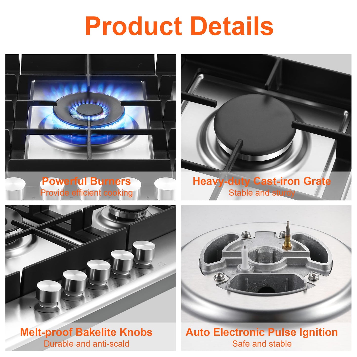 Eascookchef 30 inch Gas Cooktop, Gas Stove Top with 5 High Efficiency Burners, Bulit-in Stainless Steel Propane Cooktop for Kitchen, NG/LPG Convertible Stovetop, Thermocouple Protection